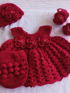Crochet Baby Girl Red Rosebud Heirloom Dress Set Photo Prop